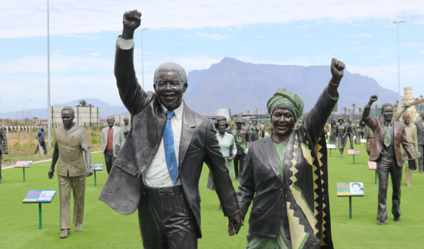 Bronze statues of Nelson Mandela and his wife Winnie Madikizela-Mandela are displayed at a tourist spot named The Long March to Freedom in Cape Town