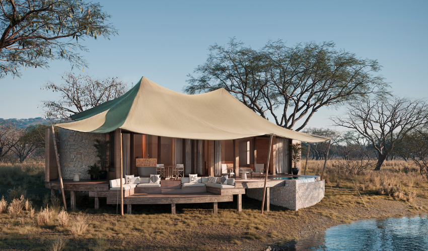 Elegant canvas safari villa with plunge pool at N’Weti Camp, Sandringham Private Game Reserve, South Africa.