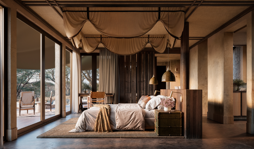 Spacious tented suite with open deck and organic interiors at Sandringham Private Game Reserve.