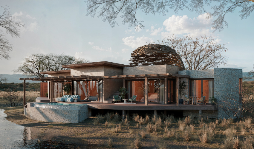 Exterior of a luxury villa at Shisaka Camp, Sandringham Private Game Reserve, South Africa.