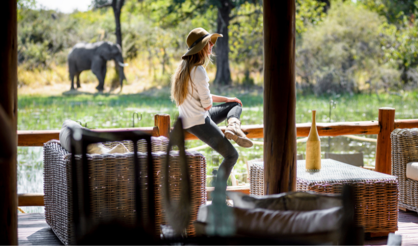 Guest Enjoys a view of an elephant in th Okavango from their luxury safari camp