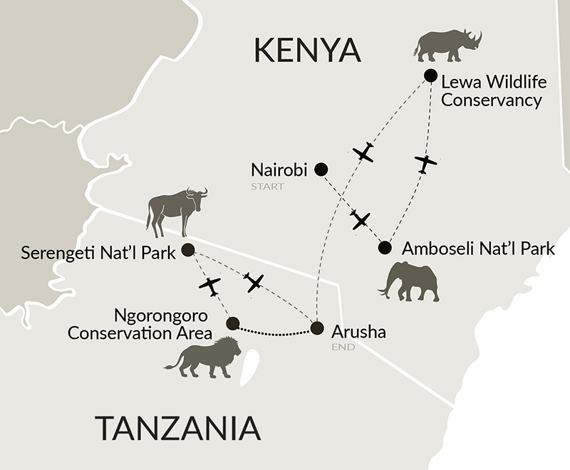 Map of World's Greatest Show Safari Itinerary Destinations