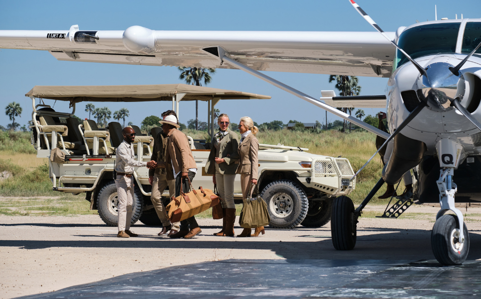 Guests arriving at Xigera Safari Lodge receiving a VIP experience after getting off the flight.